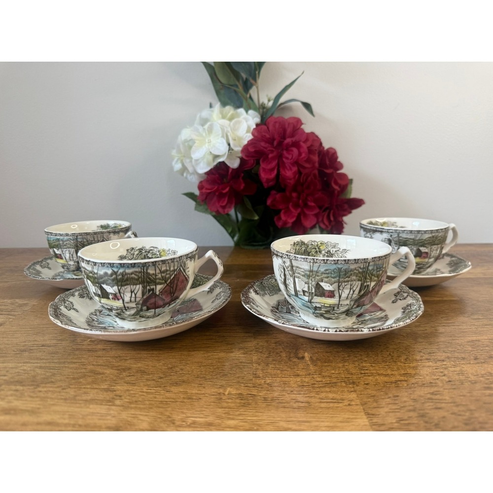 Vintage Johnson Brothers Friendly Village Ice House Teacups and Saucers Set 4